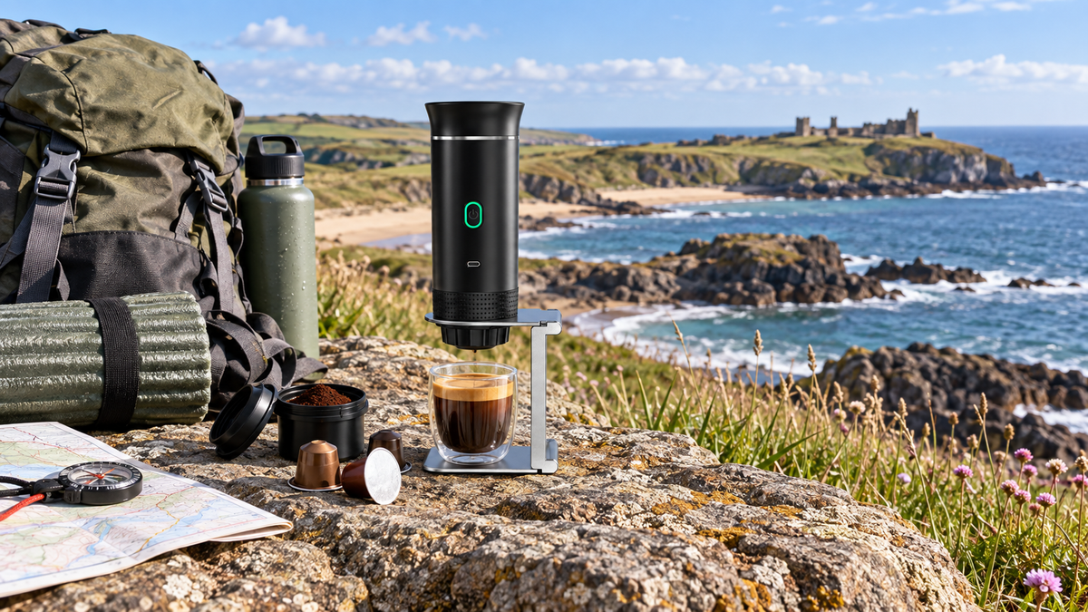 Compact portable espresso coffee setup on a UK coastal walk