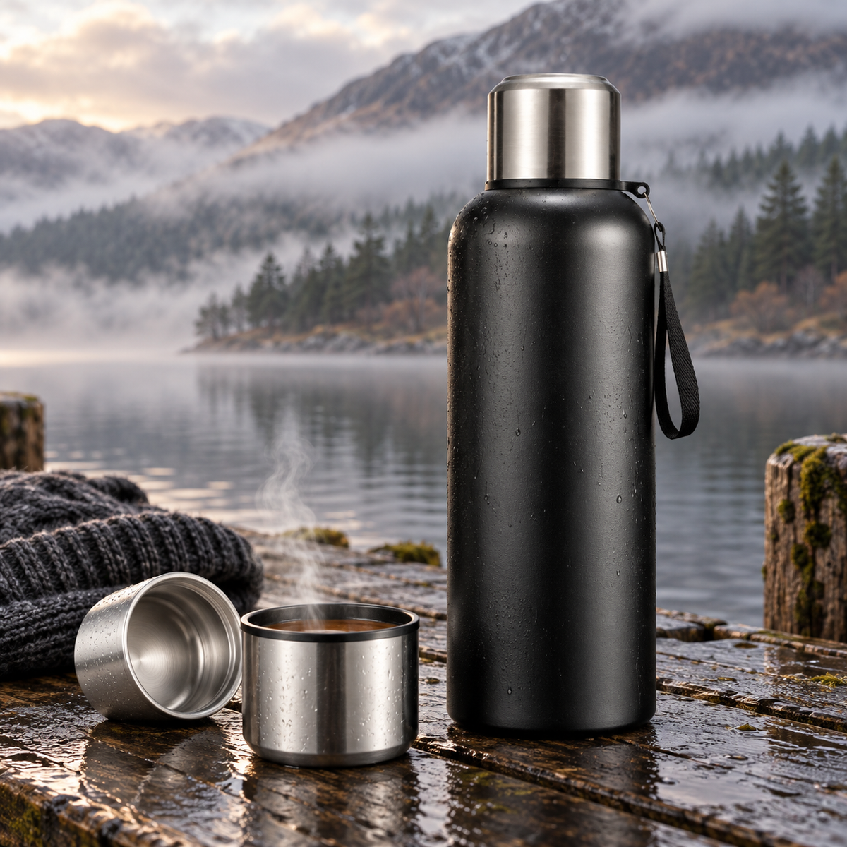 Large black insulated travel flask beside a misty loch