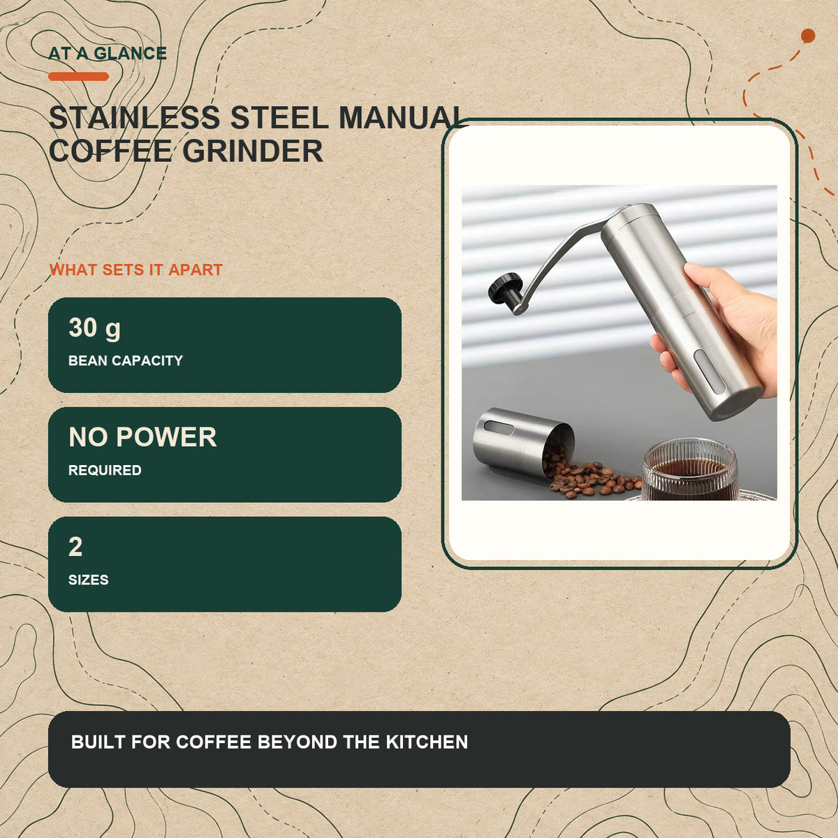 Stainless steel manual coffee grinder key features and product specifications at a glance