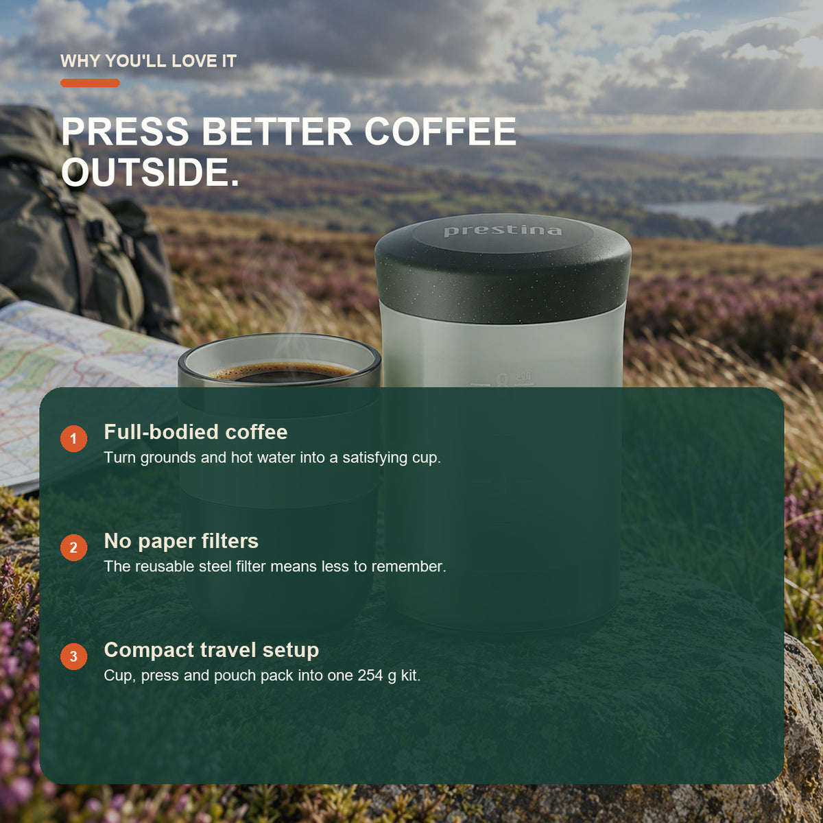 Wacaco Prestina portable coffee press benefits including practical advantages for travel and outdoor coffee
