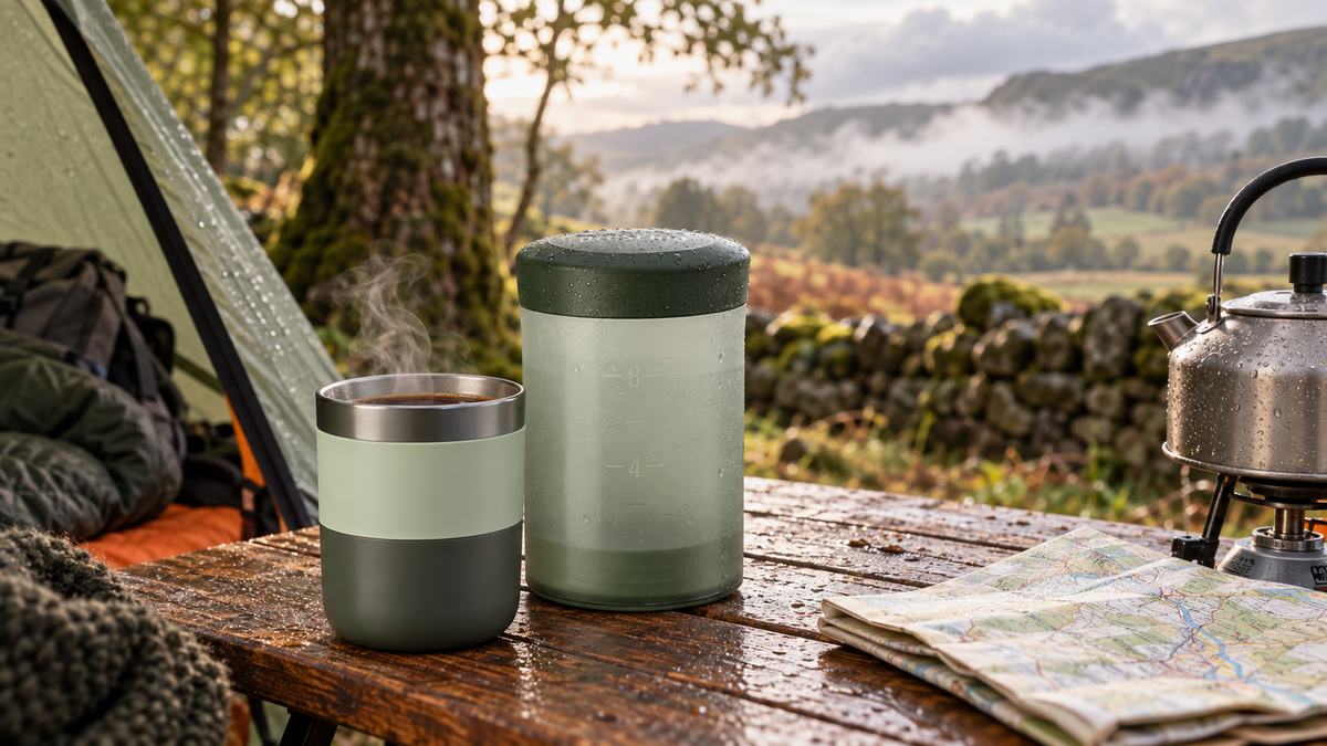 Portable coffee press and steaming cup at a misty UK campsite