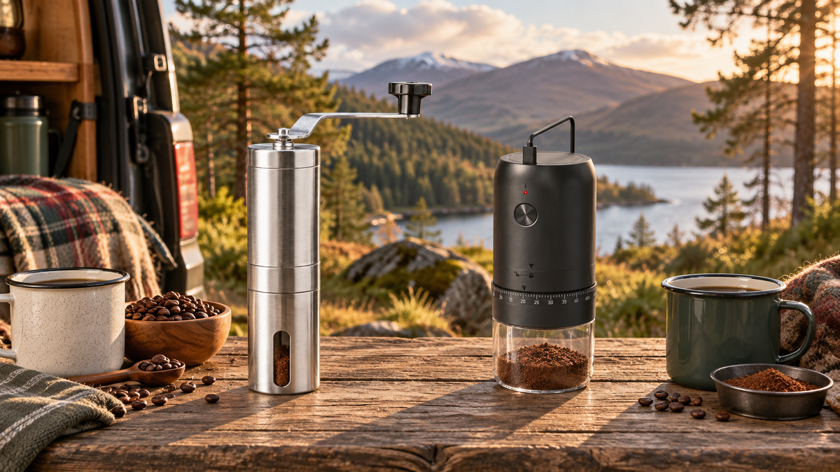 Manual and electric travel coffee grinders beside a campervan