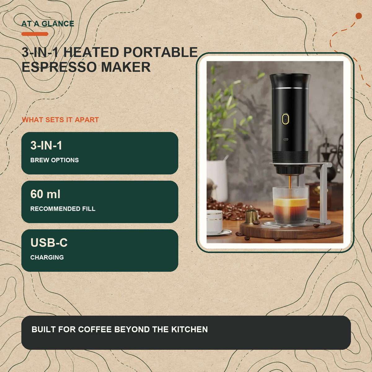3-in-1 heated portable espresso maker key features and product specifications at a glance