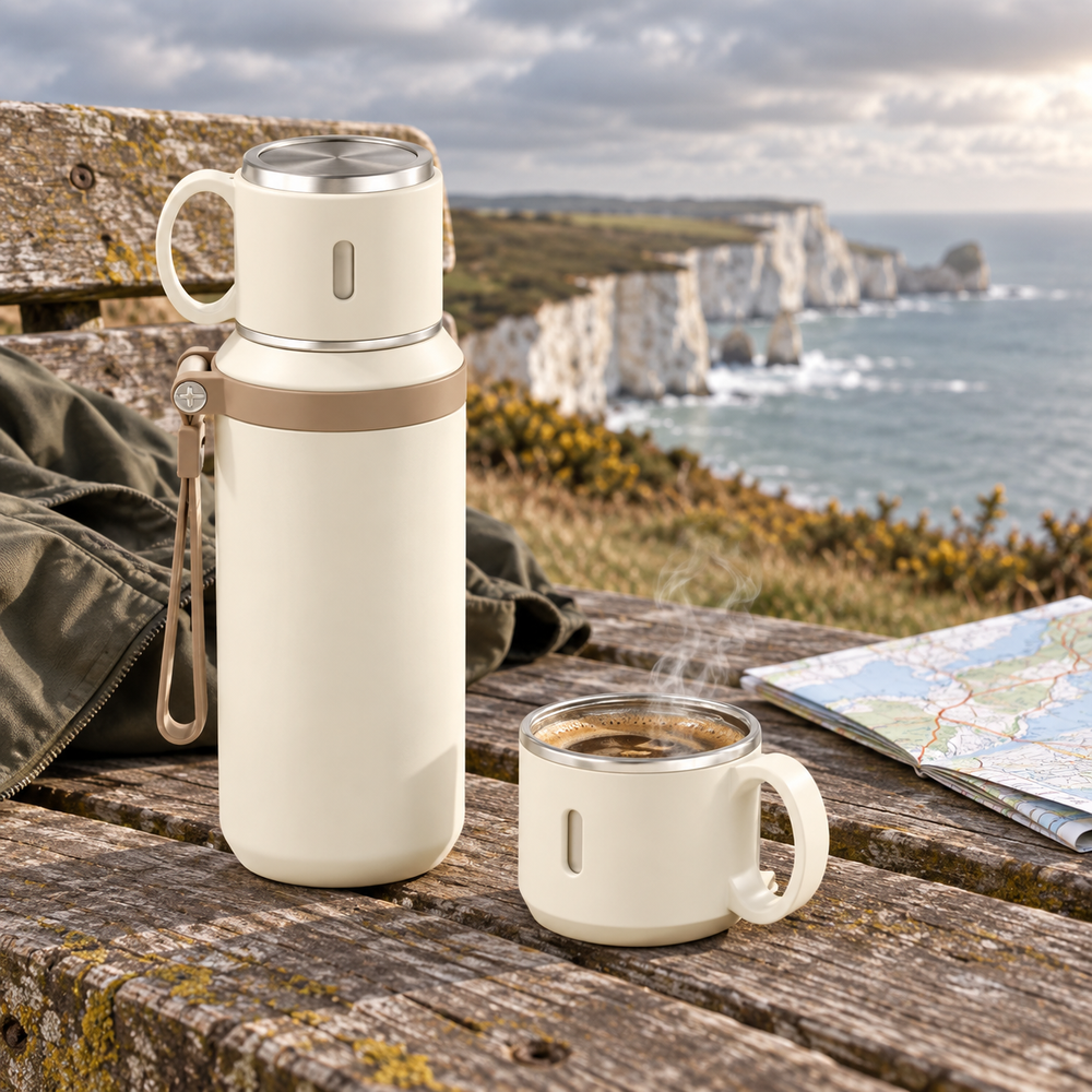 Cream insulated travel mug and cup on a coastal viewpoint