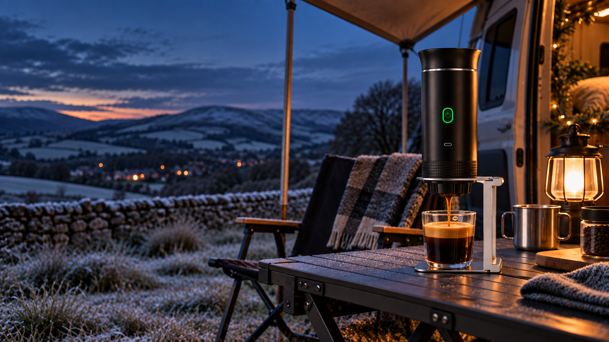 Portable espresso maker brewing beside a campervan on a frosty winter evening