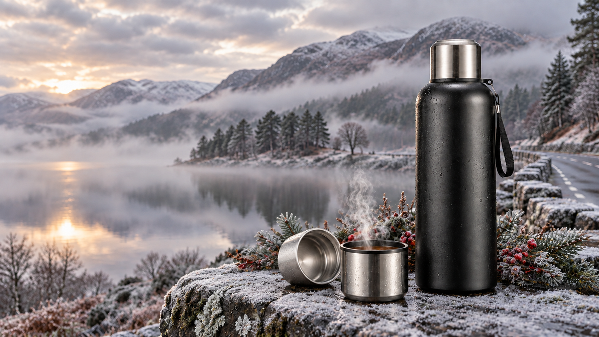 Insulated travel flask and steaming cup beside a misty snow-dusted UK lake