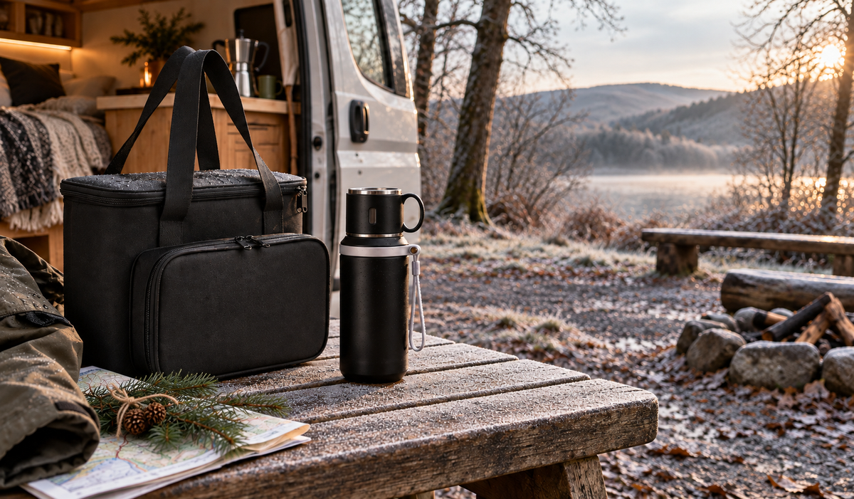 Coffee travel kit packed beside a campervan on a frosty winter morning