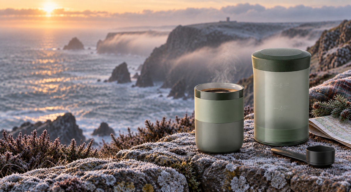 Portable coffee press and steaming cup on a frosty UK coast at winter sunrise