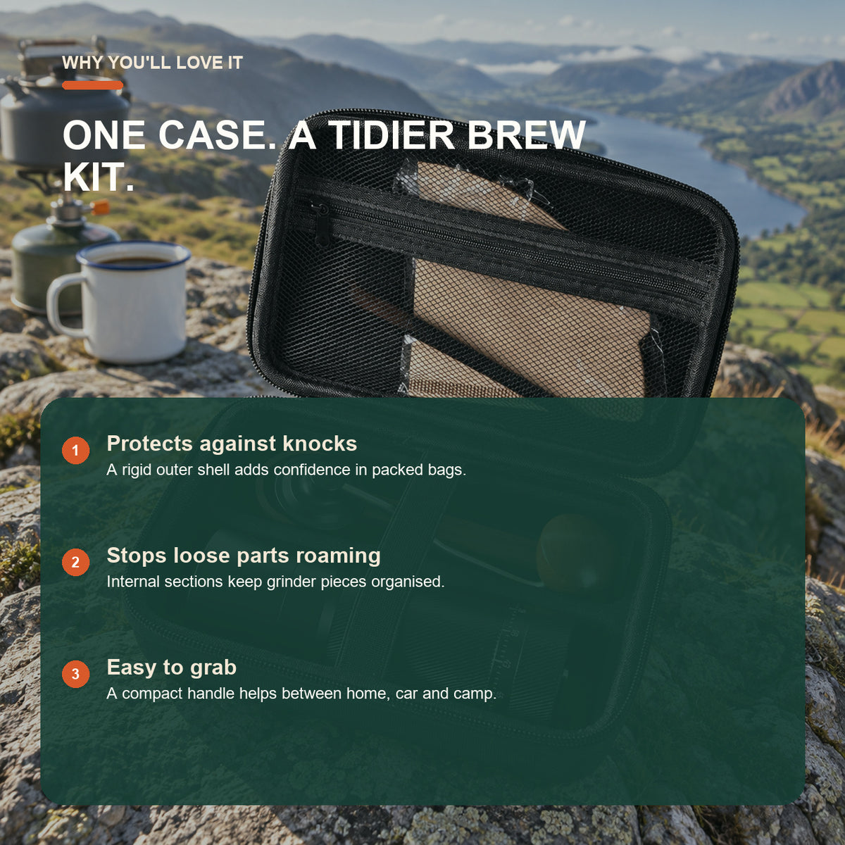 Hard-shell manual grinder travel case benefits including practical advantages for travel and outdoor coffee
