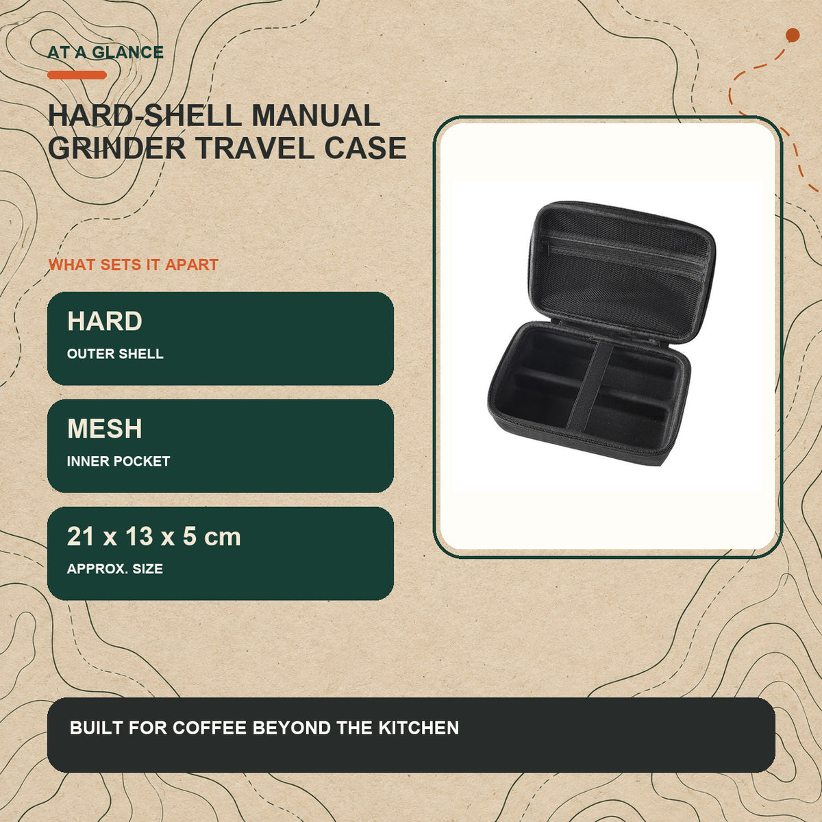 Hard-shell manual grinder travel case key features and product specifications at a glance