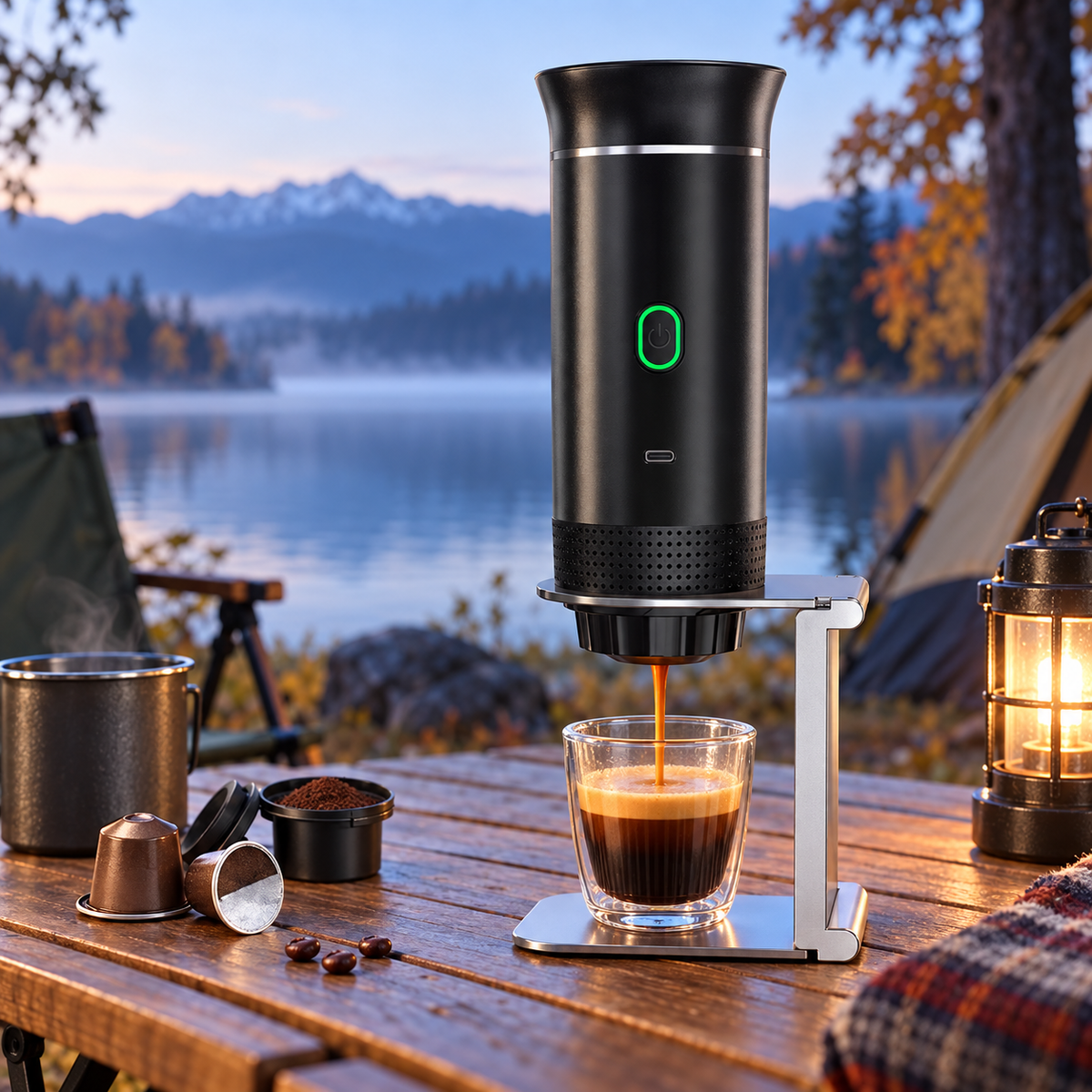 Heated portable espresso maker brewing at a lakeside campsite