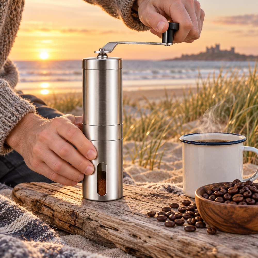 Manual coffee grinder ready for a fresh outdoor brew