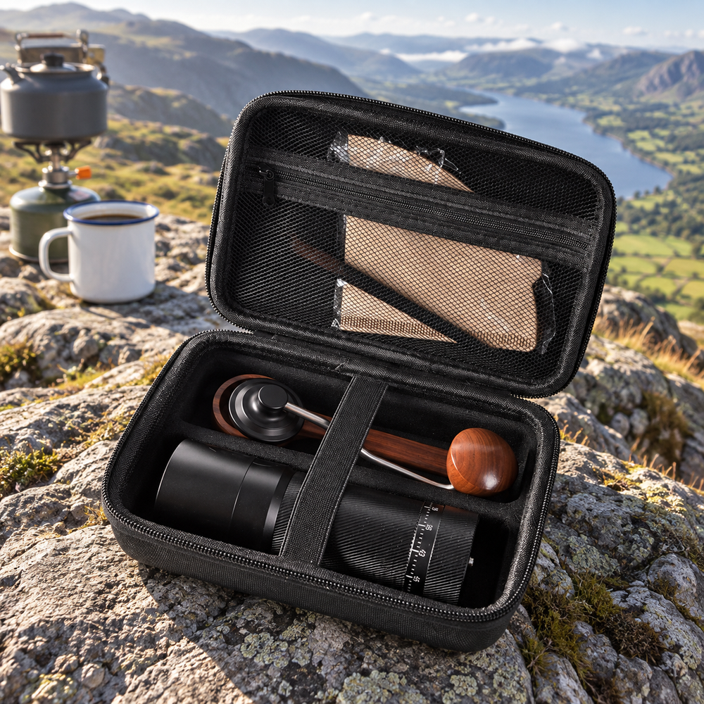 Protective coffee grinder case packed for an outdoor trip