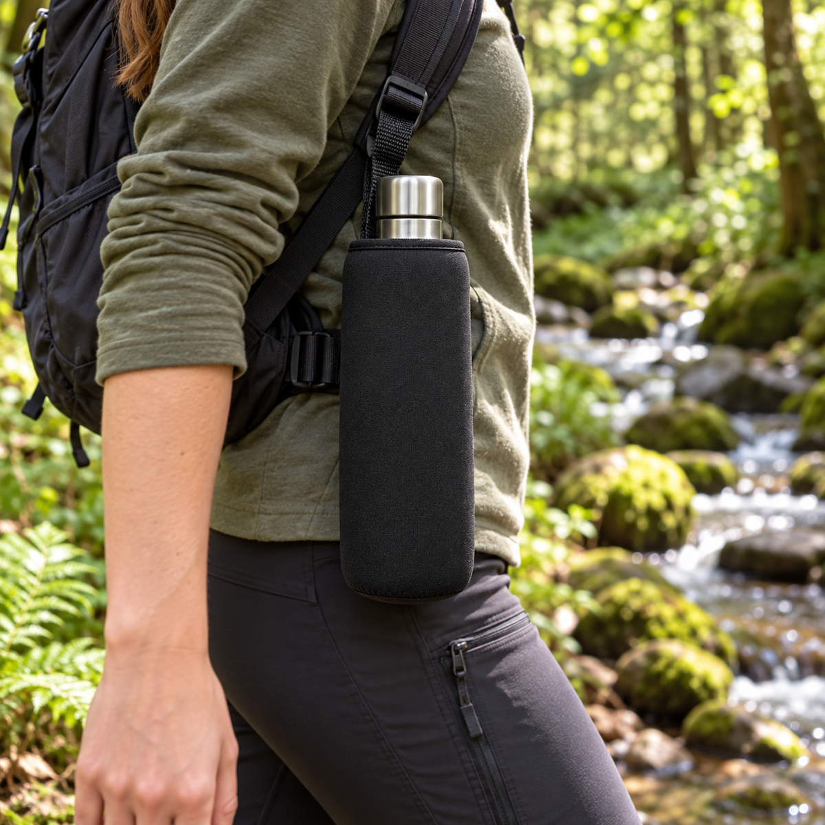 Black neoprene water bottle carrier on a woodland walk