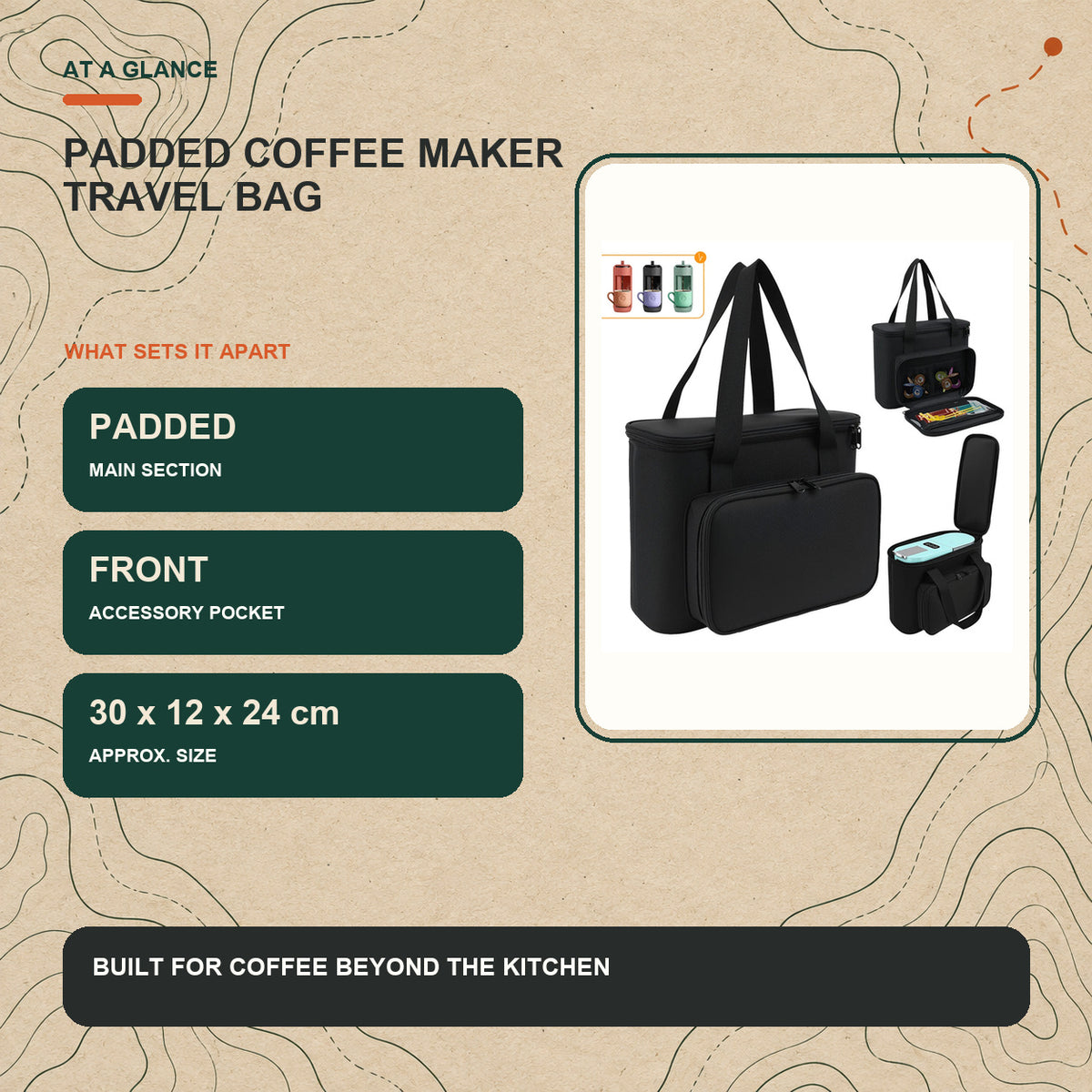 Padded coffee maker travel bag key features and product specifications at a glance