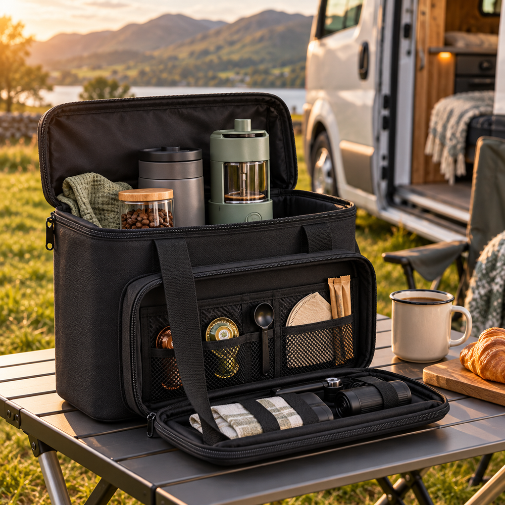 Padded coffee maker travel bag at a campervan pitch
