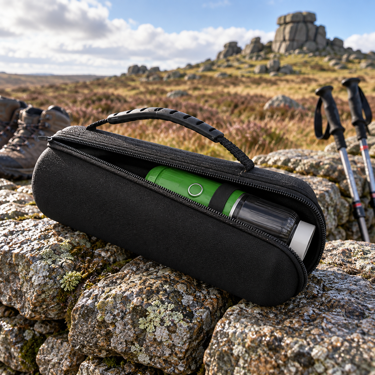 Portable espresso maker protective case on Dartmoor rocks