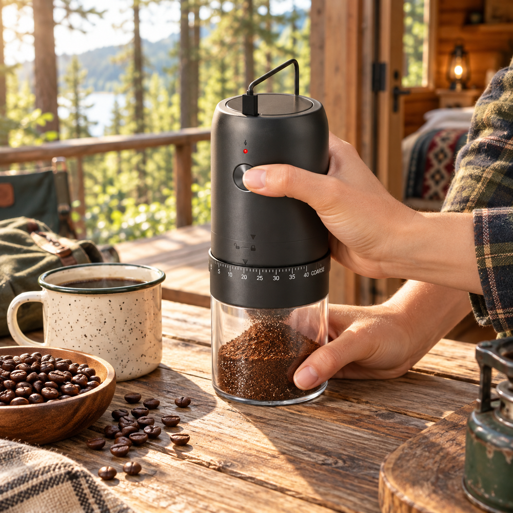 USB-C rechargeable coffee grinder on a forest cabin deck