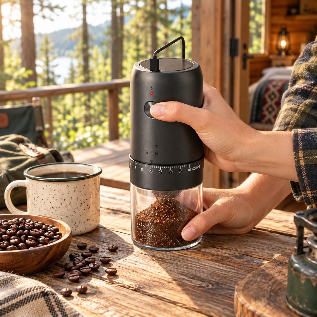 USB-C rechargeable coffee grinder on a forest cabin deck