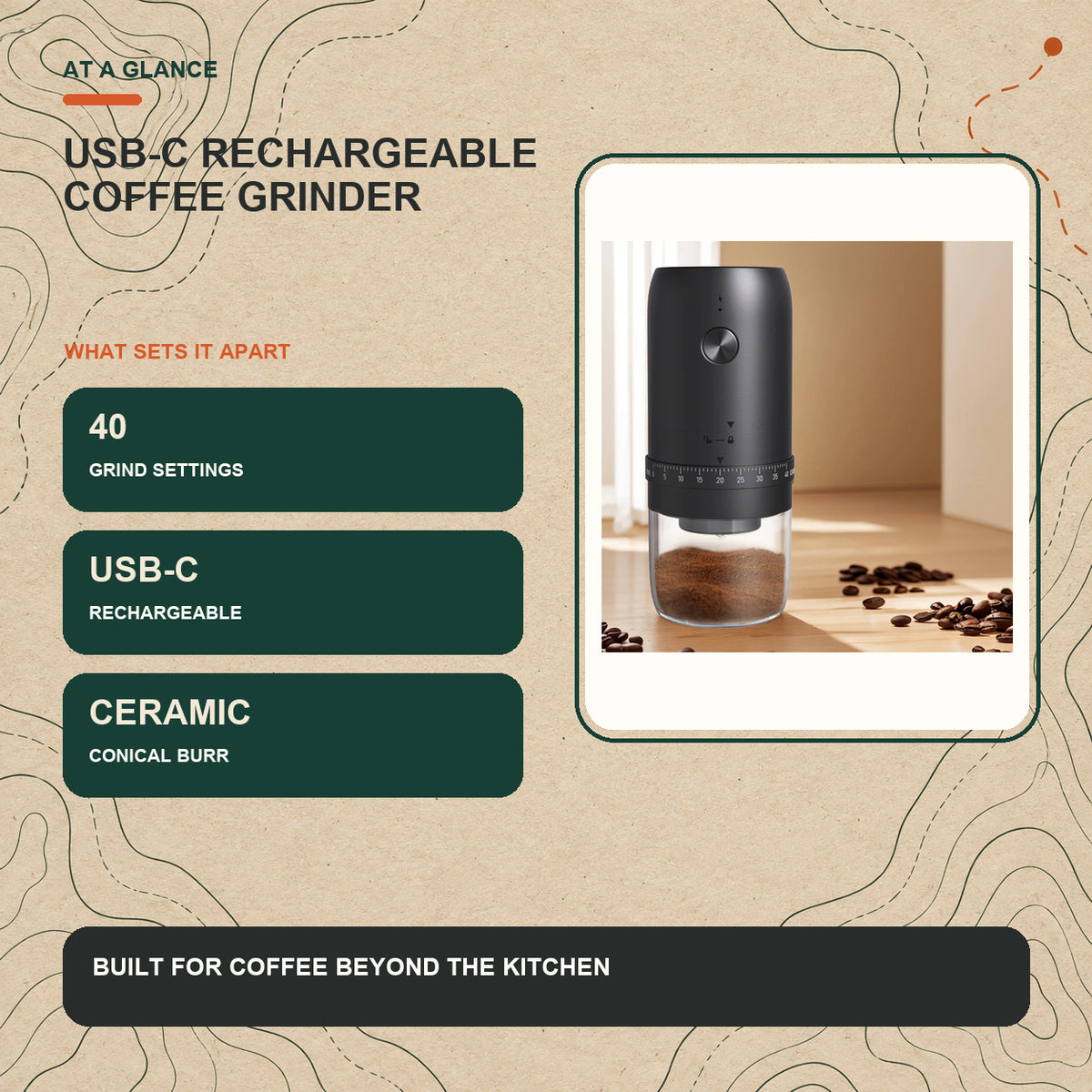USB-C rechargeable coffee grinder key features and product specifications at a glance