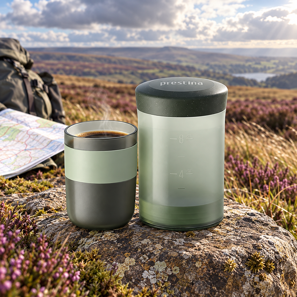 Wacaco Prestina portable coffee press on open moorland