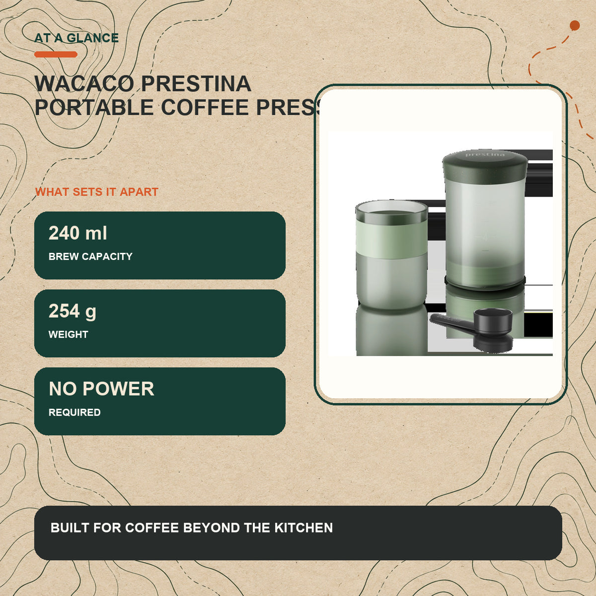Wacaco Prestina portable coffee press key features and product specifications at a glance
